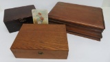 Three vintage wood storage boxes and Chocolate advertising card, Maillard