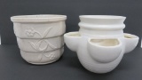 Two vintage white planters, McCoy strawberry herb pot, c 1973 and floral USA pot c 1939