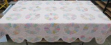 Vintage scalloped edge patchwork quilt, Dresden Plate, pink