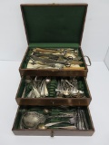 Wooden flatware chest and assorted flatware