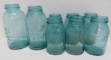 8 Blue Ball Mason canning jars, 6 quarts and two 1/2 gallon, no lids