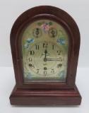 German hand painted floral face mantle clock, cathedral style, mahogany case