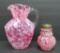 Pink spatterware pitcher and shaker