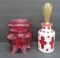 Cranberry covered powder dish and perfume bottle
