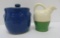Two miniature stoneware pieces, water jug and covered pot, 2 1/2