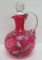 Cranberry glass lot, hand painted, cruet, toothpick and shakers