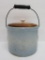 Blue and white salt glaze stoneware butter crock with handle, Butterfly pattern, 4 1/2
