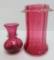 Two cranberry vases, one hand blown, applied decoration, 4 3/4