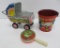Tin doll buggy, sand pail and noise maker