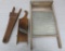 Early butternut boot jack, T & D kraut cutter and glass washboard