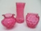 Three pieces of cranberry glass vases, coin dot, 6 3/4