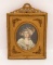 signed portrait in ornate metal frame, woman with hat, 7 1/2