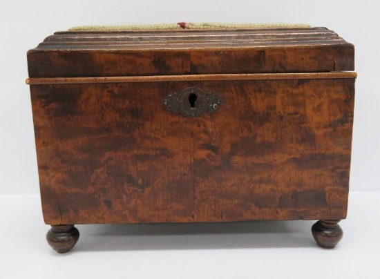 Early burl sewing box, needpoint top, 8" x 5"