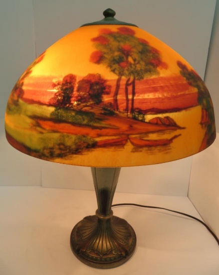 Gorgeous Signed Jefferson reverse painted shade table lamp, 21" tall