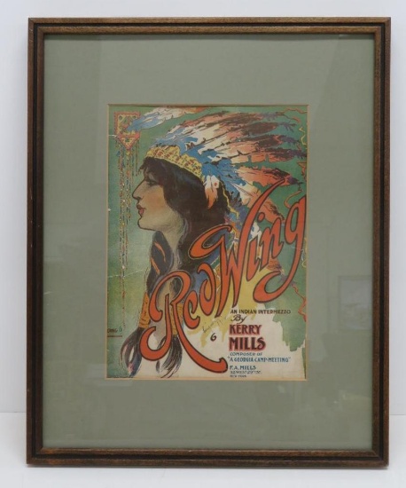 Framed and matted Red Wing Sheet music, 17" x 21"