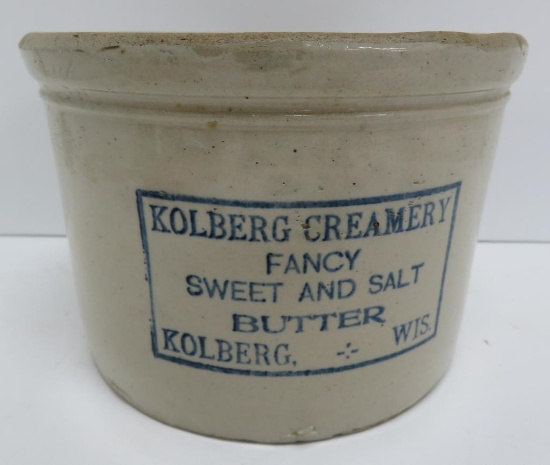 Kolberg Wis butter crock, 5" tall and 7" diameter, advertising fancy butter crock