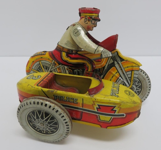 Marx tin litho wind up motorcycle toy, working, 8 1/2", police with side car