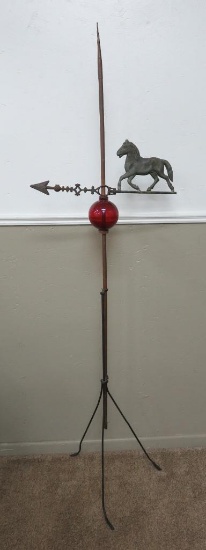 Antique Lightning rod weather vane, Ruby red globe and horse directional arrow, 76"