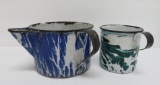 Two nice enamelware graniteware cups, cobalt swirl and emerald swirl, 3