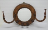 Round oak entry mirror with coat and hat wooden hooks, 13 1/2