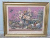 Hand colored fruit and floral still life, framed, 32