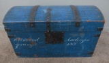 Outstanding Immigrant Trunk, blue paint and stencil finish, c 1869