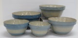 Red Wing Blue and Grey Stoneware, five mixing bowl nest, Greek key pattern,