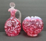 Fenton Cranberry daisy and fern rose bowl and cruet jug with applied handle