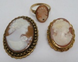 Cameo lot, two pins and ring