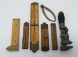Vintage tools, five folding rulers, caliper and mini adjustable wrench