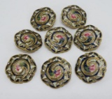 Eight matching floral enamel painted buttons with marcasite embellishments