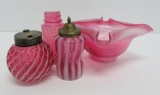 Cranberry glass lot, bowl and condiments, peppermint swirl