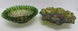 Two Fenton green carnival glass bowls, grape and cable and ribbon tie