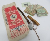Assorted Vintage Wisconsin hunting licenses 1953-1970, Cajun Duck Call, and shot bag