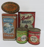 Five vintage food tins, Cocoa, candy and nuts
