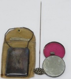 Sterling compact, rhinestone hat pin and tin purse mirror