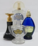 4 glass perfume bottles, Shalimar, Evening in Paris, and Lalique