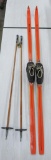 Vintage wooden Laasanen cross country skis, poles and shoes, 80 1/2