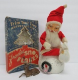 Vintage Christmas lot with c 1940 Santa sitting on snowball , Frostee Sno Flakes, German reindeer