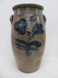 4 gallon cobalt decorated churn, floral, damaged
