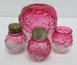 Four pieces of cranberry glass, Northwood Royal Ivy bowl, shakers and toothpick holder