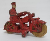 Cast iron motocycle, police, attributed to Hubley and toy advertising