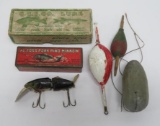 Vintage fishing lure boxes, wood bobbers and lure