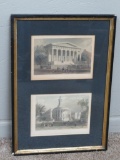 Two part framed colored historical bank engravings, 13