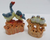 Two vintage porcelain lustreware flower frogs, birds, Japan