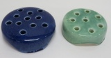 Two vintage Weller flower frogs, blue and green, 3 1/2