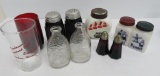 Vintage kitchen lot, shakers, bottles, and Kewaskum Dept Store Advertising glass