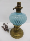 Blue glass swirl table lamp, working, no shade, 10