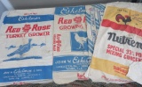 Five vintage 100 lb feed sacks, fowl mash