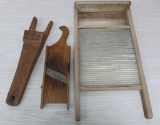 Early butternut boot jack, T & D kraut cutter and glass washboard